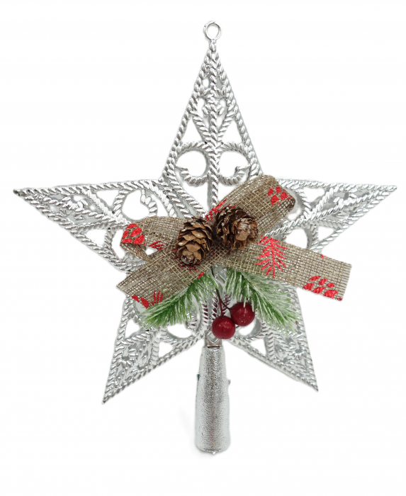 Vârf de brad, steluta argintie cu decorațiuni, 20 cm [1]