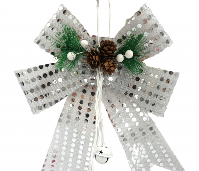 Fundiță decorativă argintie, cu vasc, crenguțe artificiale și globulețe albe, 25 cm [2]