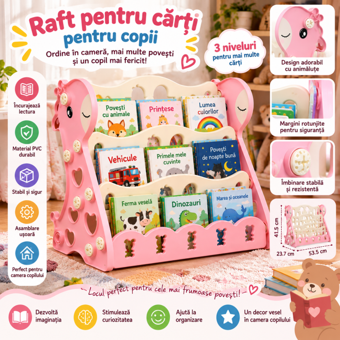 Raft pentru Cărți Copii din PVC, Roz și Crem, 3 Niveluri [5]