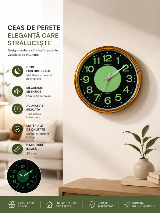 Ceas de Perete Modern și Elegant 25 cm, Mecanism Silențios, Auriu & Verde [3]
