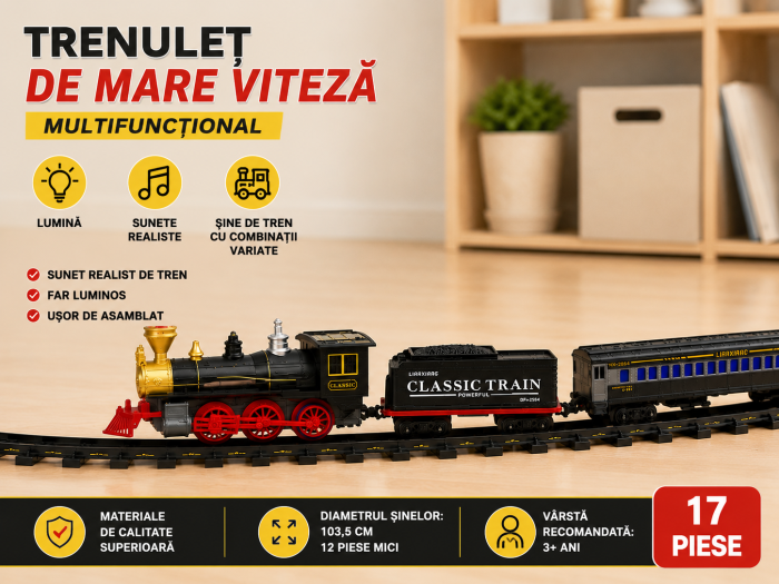 Trenuleț Electric Clasic cu Lumini și Sunete, 17 Piese, Șine Circuit Oval, 3+ Ani [5]