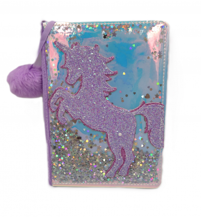 Agenda cu blăniță pufoasă, sclipici și model unicorn, mov, 20 cm - [1]