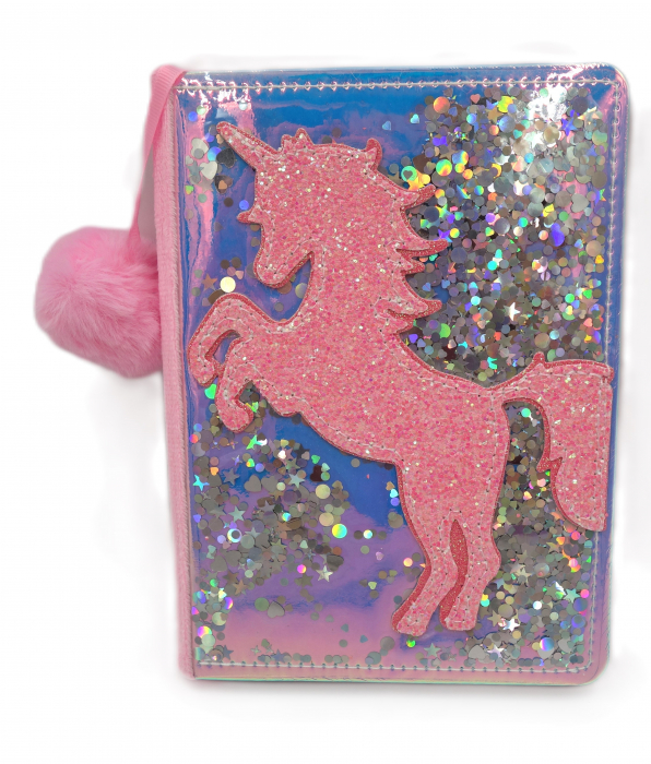 Agenda cu blăniță pufoasă, sclipici și model unicorn, roz, 20 cm [1]