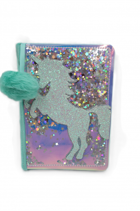 Agenda cu blăniță pufoasă, sclipici și model unicorn, turcoaz, 22 cm [2]