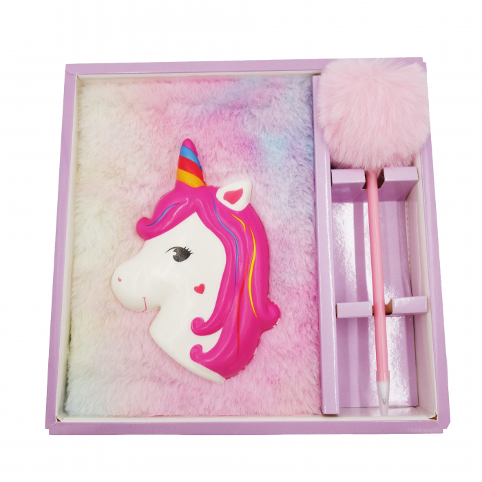 Agenda pufoasă cu pix pompon și unicorn squishy mare, 22 cm [3]