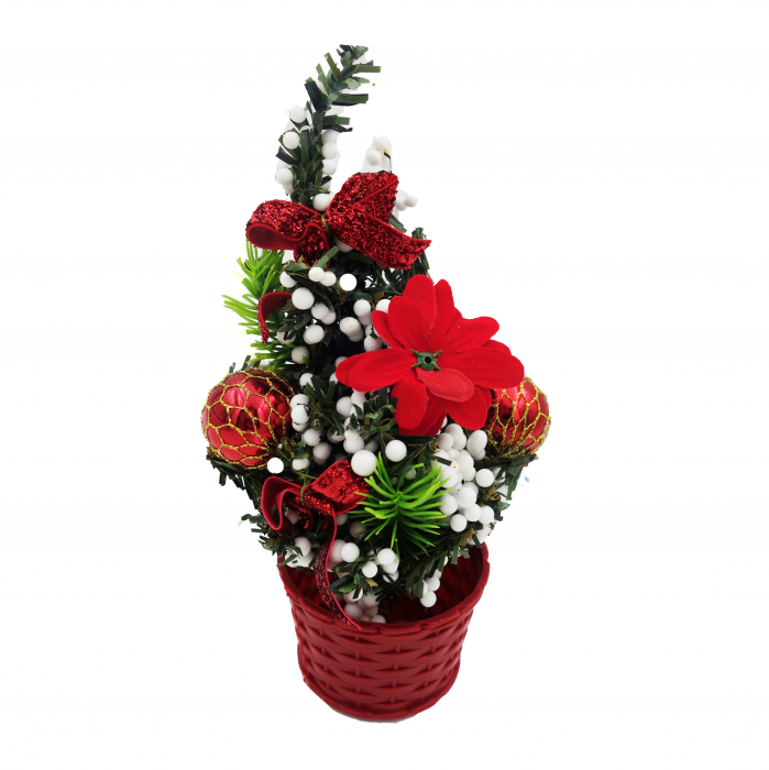 Brad decorativ cu floricica si bilute albe, rosu-alb, 20 cm [3]