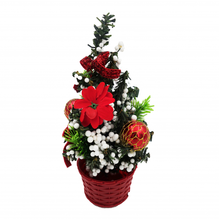 Brad decorativ cu floricica si bilute albe, rosu-alb, 20 cm [2]