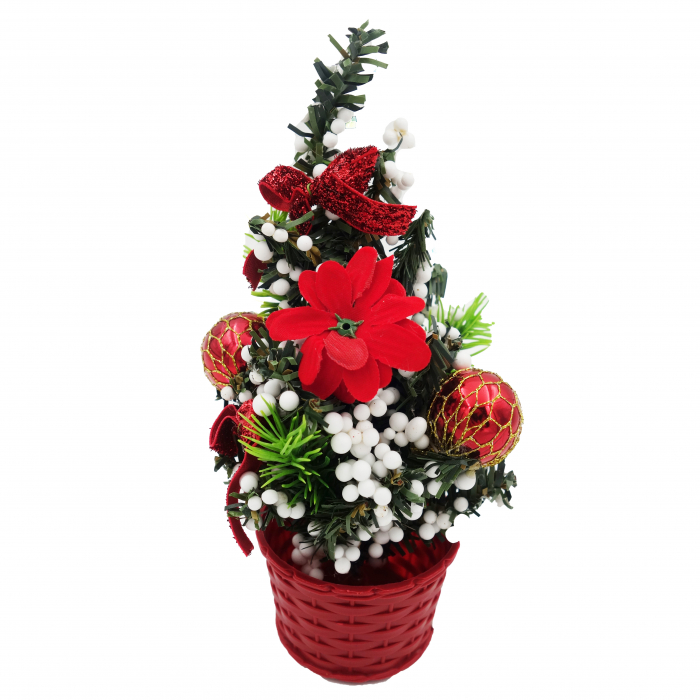 Brad decorativ cu floricica si bilute albe, rosu-alb, 20 cm [1]