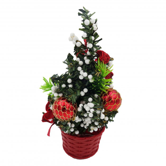 Brad decorativ cu floricica si bilute albe, rosu-alb, 20 cm [4]