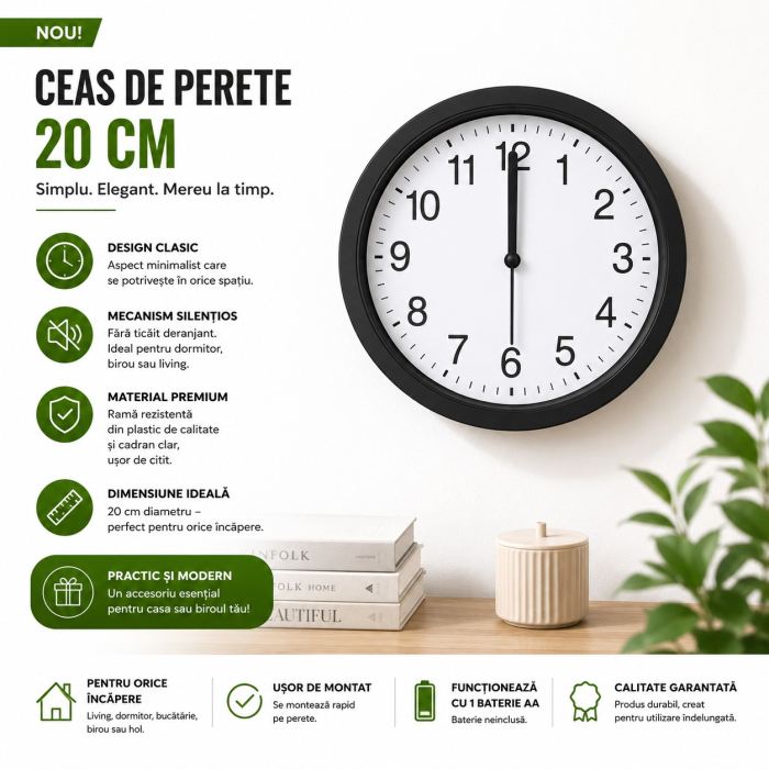 Ceas de Perete 20 cm cu Mecanism Silențios | Design Clasic [5]