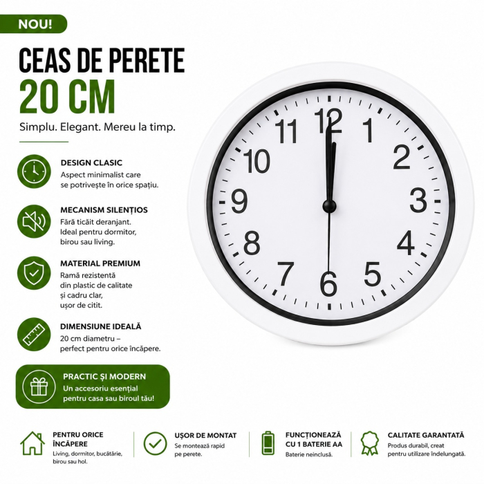 Ceas de Perete 20 cm cu Mecanism Silențios | Design Clasic [4]