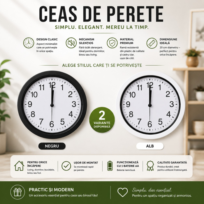 Ceas de Perete 20 cm cu Mecanism Silențios | Design Clasic [7]