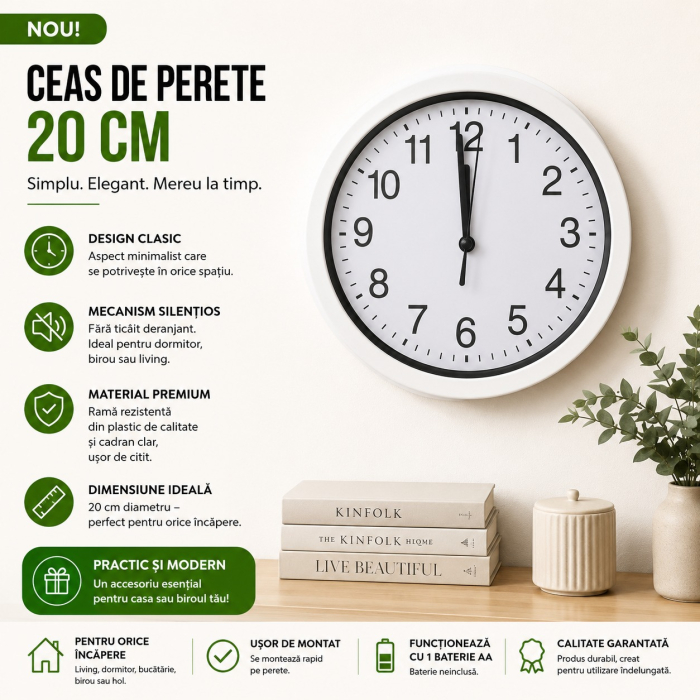 Ceas de Perete 20 cm cu Mecanism Silențios | Design Clasic [3]