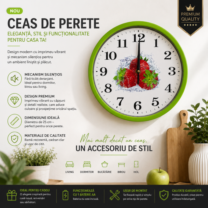 Ceas de Perete 25 cm cu Mecanism Silențios – Căpșuni [2]