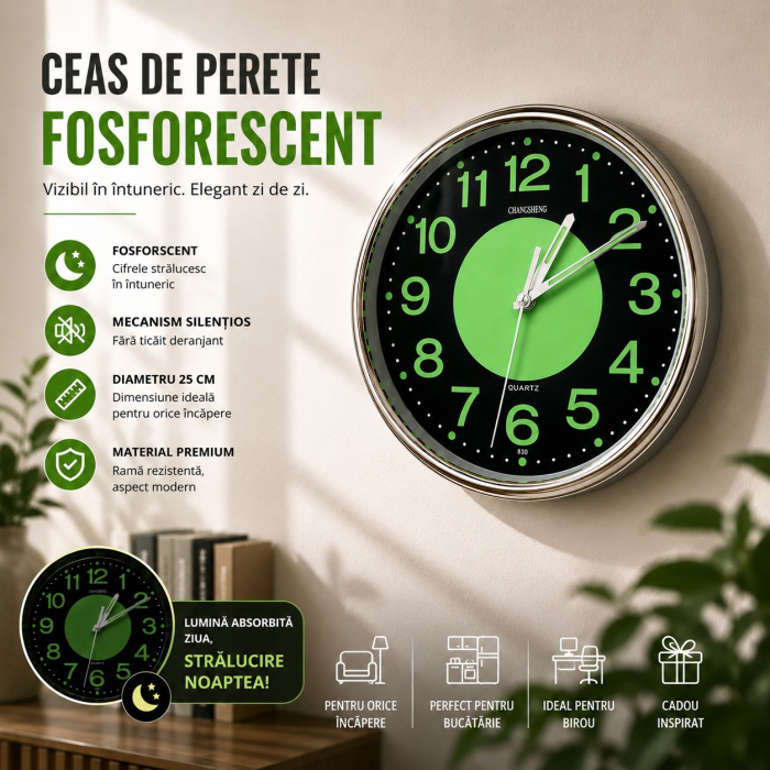Ceas de Perete Modern și Elegant 25 cm, Mecanism Silențios, Argintiu & Verde [3]