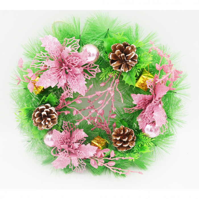 Coronita decorativa cu craciunite roz si conuri, 30 cm [5]