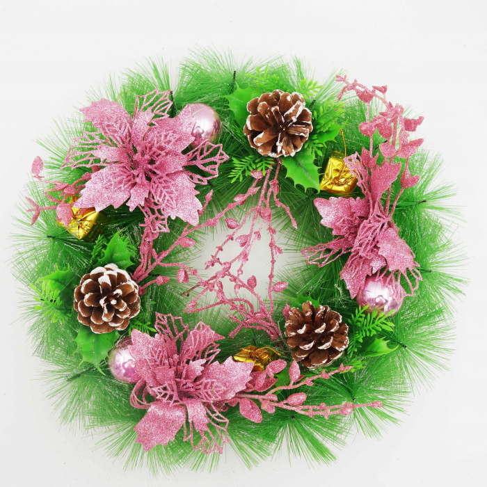Coronita decorativa cu craciunite roz si conuri, 30 cm [2]