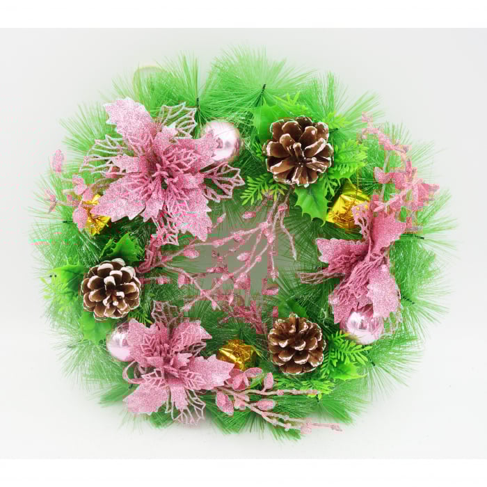 Coronita decorativa cu craciunite roz si conuri, 30 cm [3]