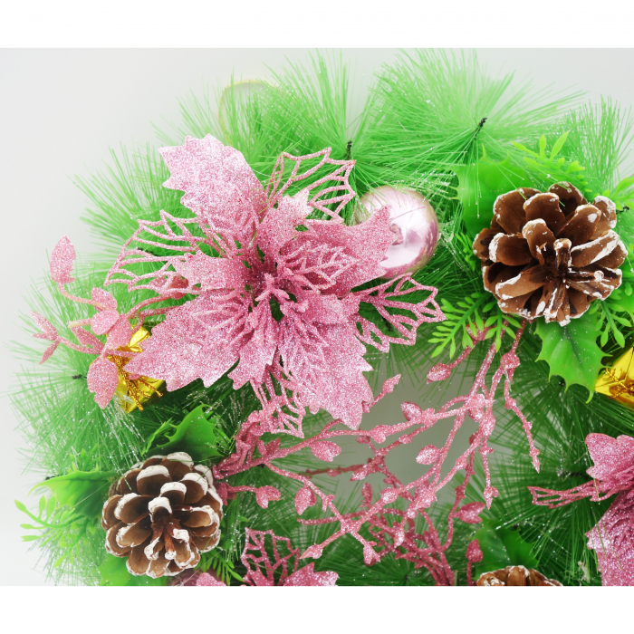 Coronita decorativa cu craciunite roz si conuri, 30 cm [4]