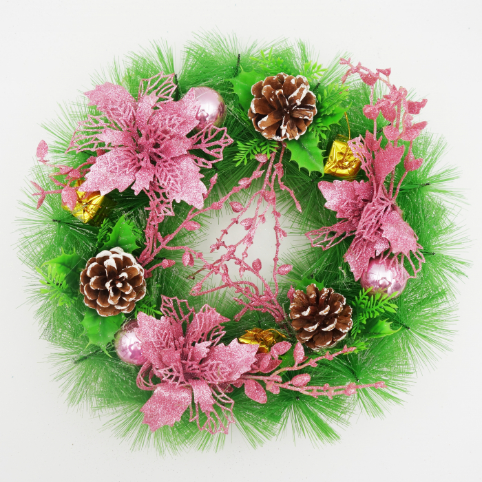 Coronita decorativa cu craciunite roz si conuri, 30 cm [1]