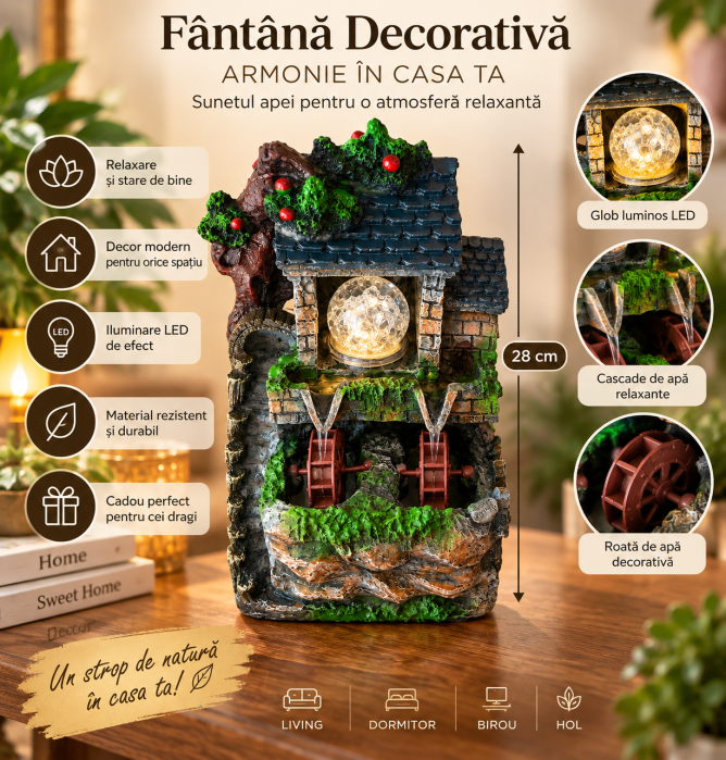 Fântână Decorativă cu Moară de Apă și LED – 28 cm | Sebicel [2]