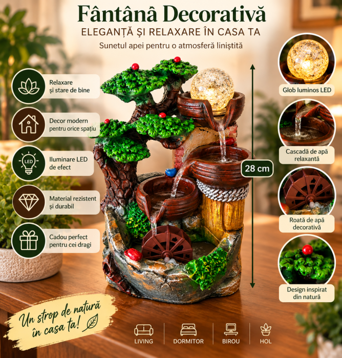 Fântână Decorativă cu Moară de Apă și LED – 28 cm [5]