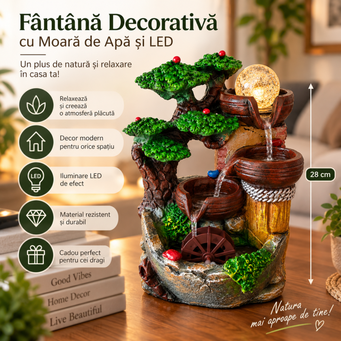 Fântână Decorativă cu Moară de Apă și LED – 28 cm [2]