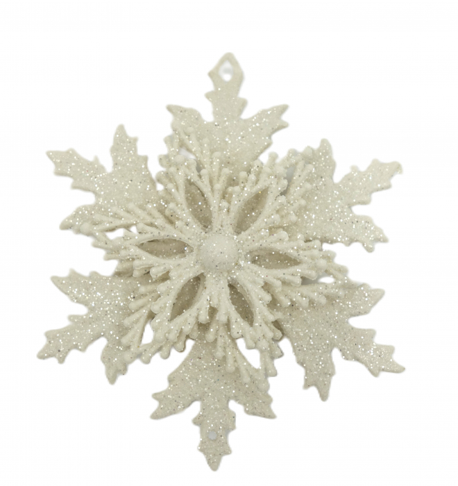 Fulg de nea decorativ pentru brad, 10 cm, alb cu sclipici [1]