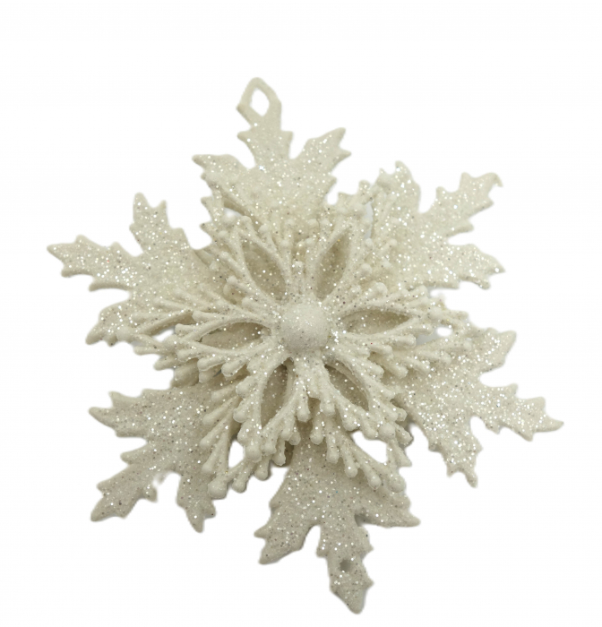 Fulg de nea decorativ pentru brad, 10 cm, alb cu sclipici [3]