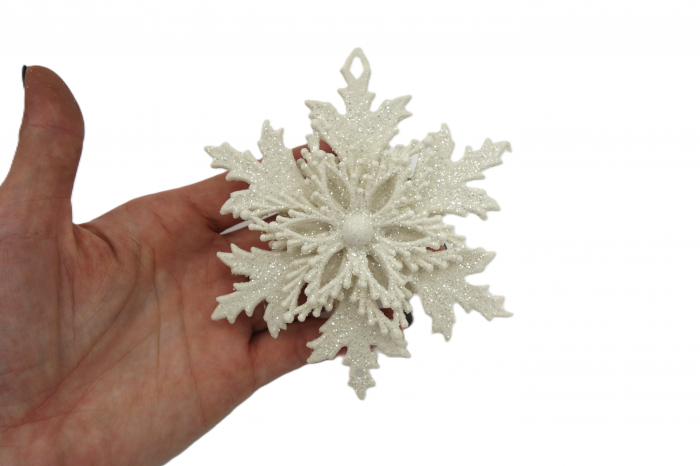 Fulg de nea decorativ pentru brad, 10 cm, alb cu sclipici [2]
