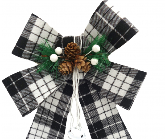 Fundiță decorativă alb-negru, cu clopoței, conuri și crenguțe artificiale, 25 cm [2]