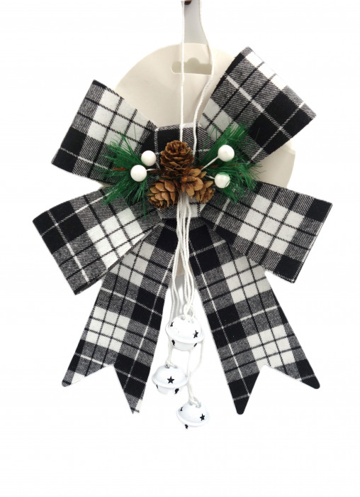 Fundiță decorativă alb-negru, cu clopoței, conuri și crenguțe artificiale, 25 cm [1]