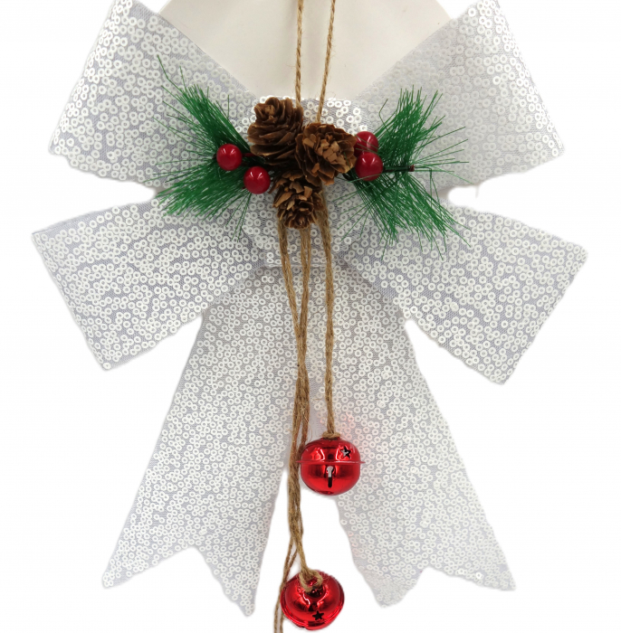 Fundiță decorativă albă, cu clopoței și crenguțe de brad, 25 cm [2]