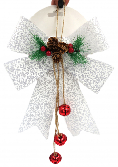 Fundiță decorativă albă, cu clopoței și crenguțe de brad, 25 cm [1]
