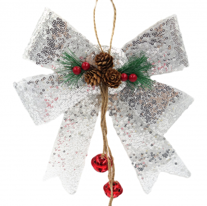 Fundiță decorativă albă cu paiete argintii, 25 cm [2]