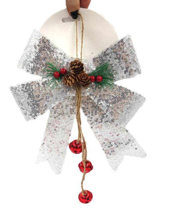 Fundiță decorativă albă cu paiete argintii, 25 cm [1]