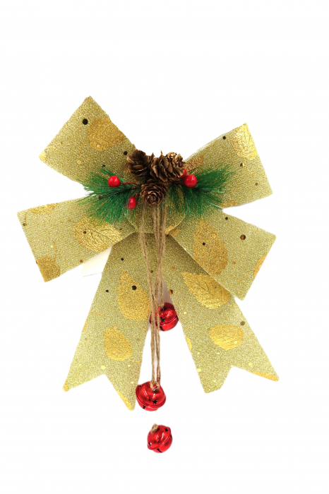 Fundiță decorativă aurie cu frunze desenate, vasc și conuri, 25 cm [1]