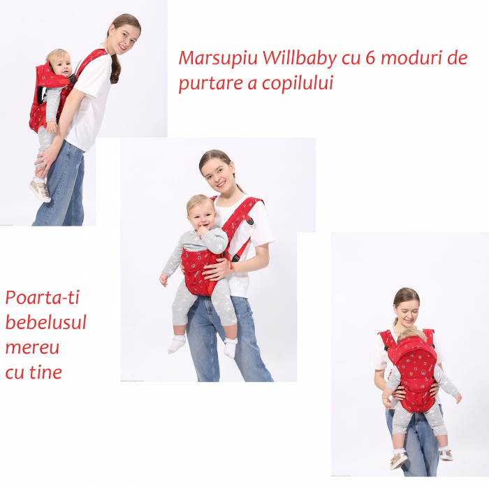 Marsupiu 6 în 1 cu desene, multifunctional, reglabil, 0-36 luni, max 20 kg, rosu [7]