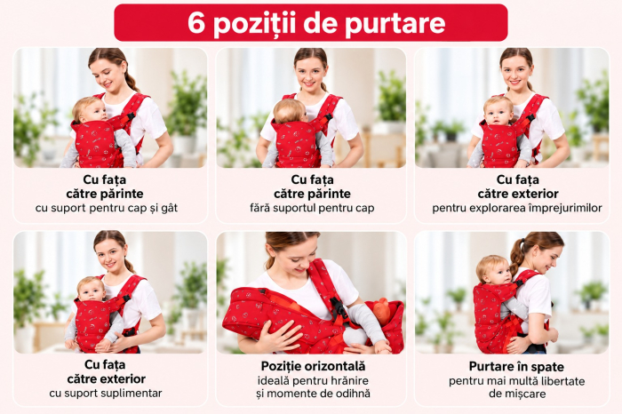 Marsupiu 6 în 1 cu desene, multifunctional, reglabil, 0-36 luni, max 20 kg, rosu [4]