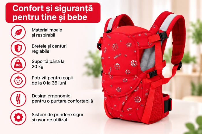 Marsupiu 6 în 1 cu desene, multifunctional, reglabil, 0-36 luni, max 20 kg, rosu [5]