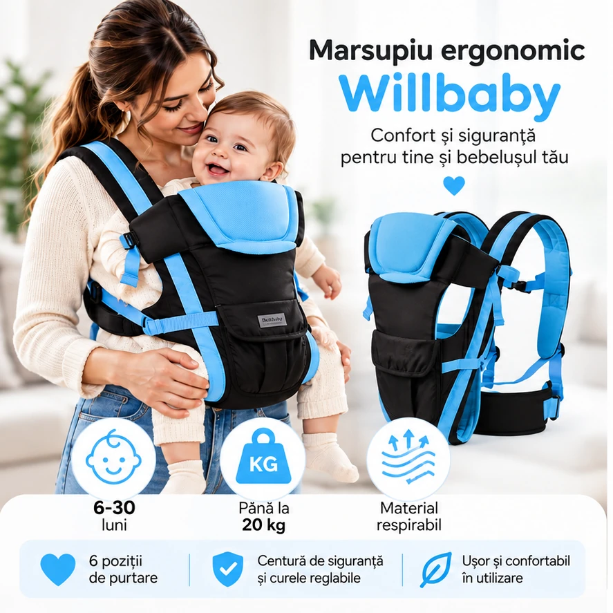 Marsupiu Willbaby pentru bebeluși, cu design ergonomic și ventilație 3D, albastru [7]