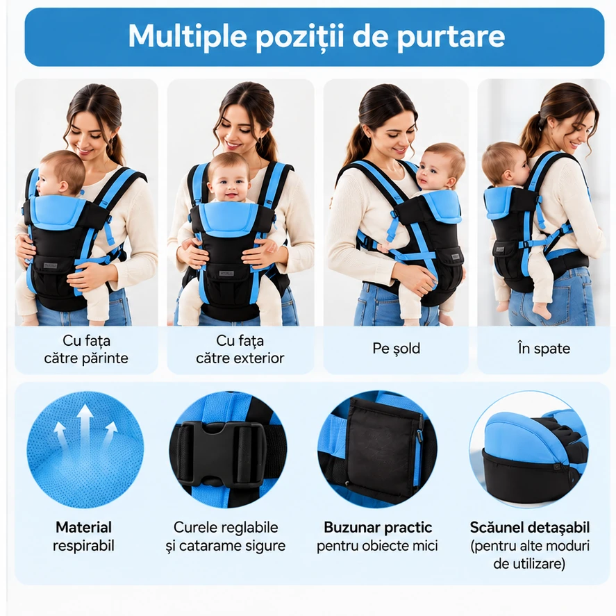Marsupiu Willbaby pentru bebeluși, cu design ergonomic și ventilație 3D, albastru [5]