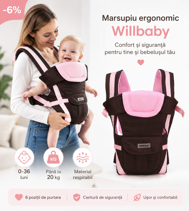 Marsupiu Willbaby pentru bebeluși, cu design ergonomic și ventilație 3D, roz [2]