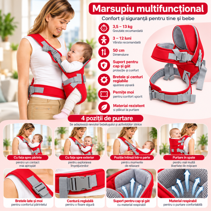 Marsupiu multifunctional, reglabil, cu suport pentru gat, 50 cm 3-12 luni, albastru [6]