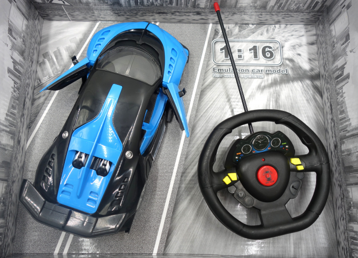 Mașinuță cu telecomandă, 27 cm, roți din cauciuc, luminite, acumulator inclus, design sport, albastru [4]