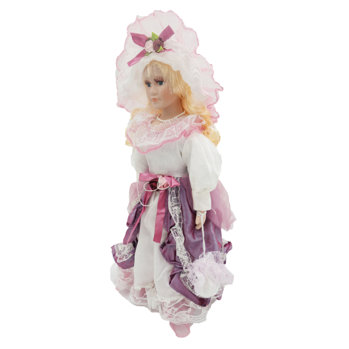 Păpușă de colecție, din porțelan, rochie victoriană, cu suport, alb-mov, 43 cm [3]