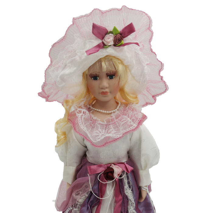 Păpușă de colecție, din porțelan, rochie victoriană, cu suport, alb-mov, 43 cm [2]
