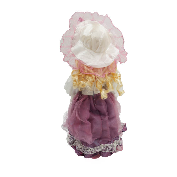 Păpușă de colecție, din porțelan, rochie victoriană, cu suport, alb-mov, 43 cm [4]