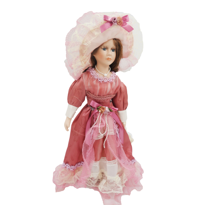Păpușă de colecție, din porțelan, rochie victoriană, cu suport, roz-pudrat, 45 cm [4]