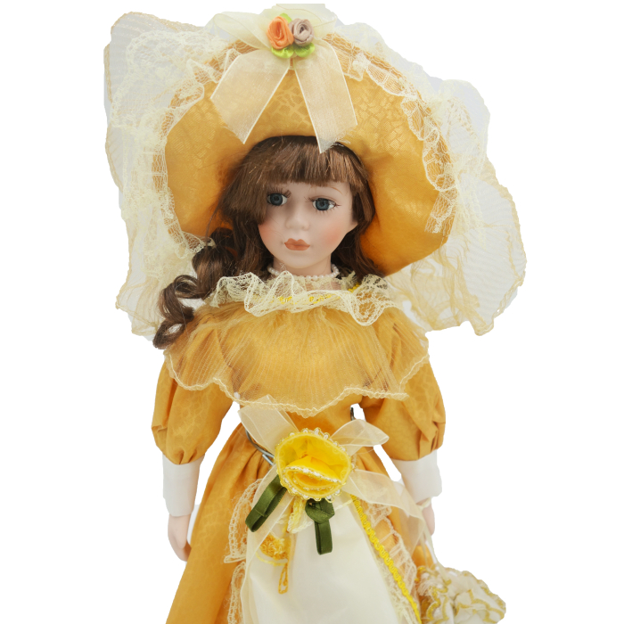 Păpușă de colecție, din porțelan, rochie victoriană, cu suport, galben, 45 cm [4]